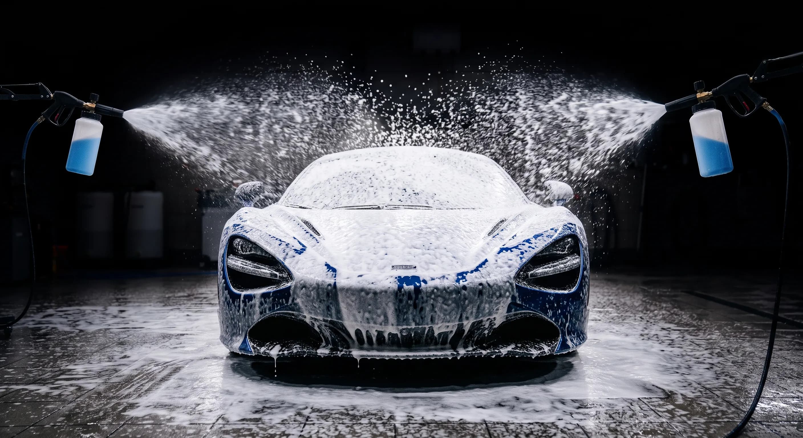 Sports car covered in cleaning foam during a professional wash