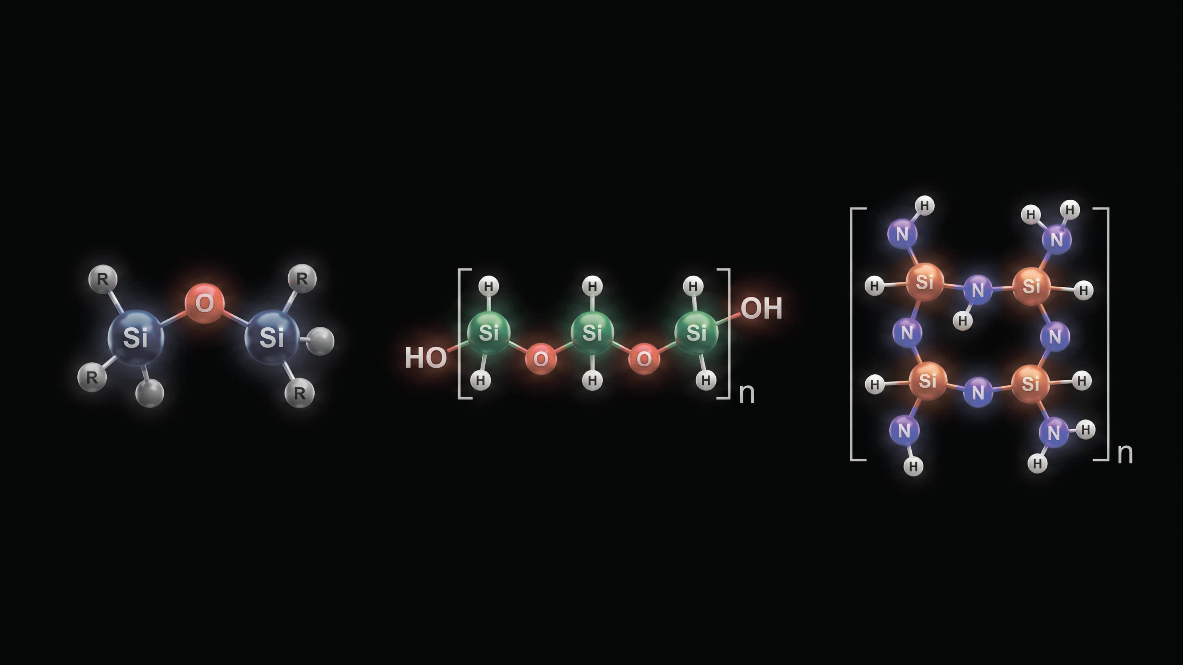 Molecular diagrams of silicon dioxide, polysiloxane and polysilazane
